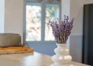 Salon lumineux d’une location saisonnière avec cuisine ouverte et table en bois